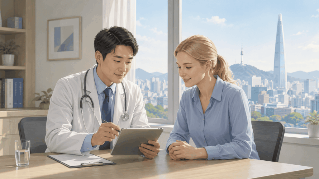 Doctor and international patient consulting on a cancer treatment plan in Korea