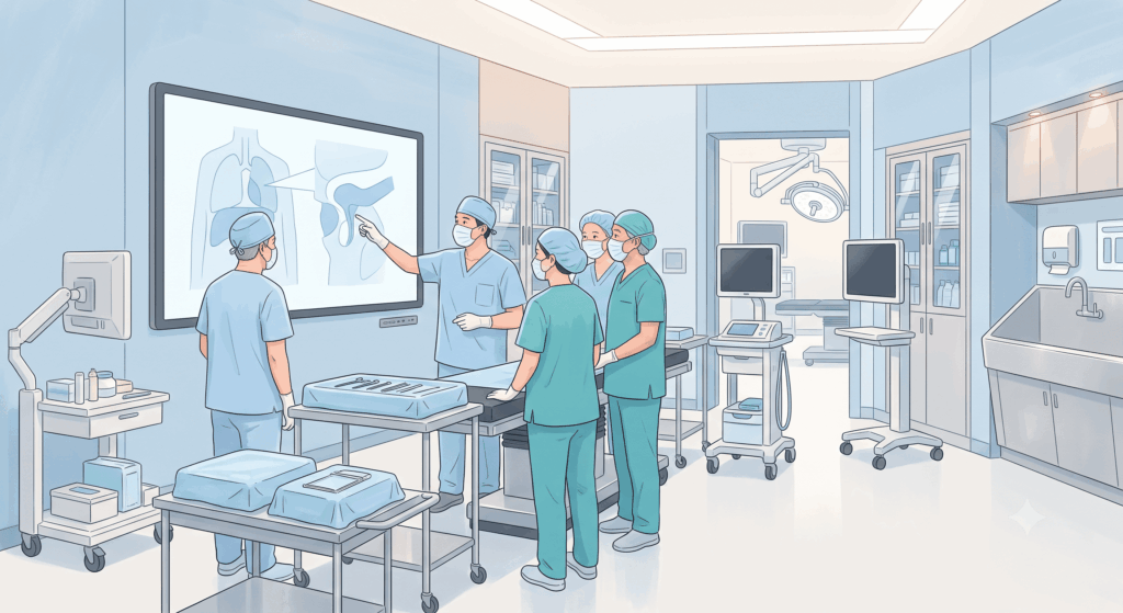 Surgical team reviewing organ transplant procedure at Seoul St. Mary's Hospital