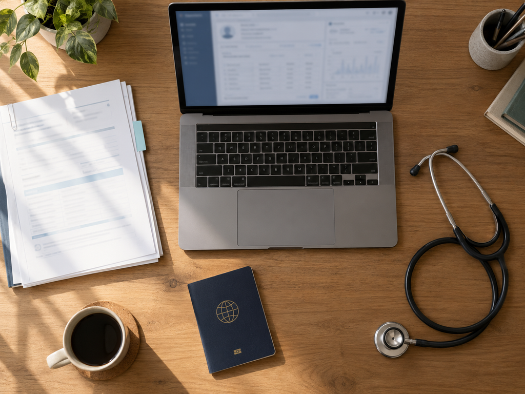 Medical records Korea preparation desk with laptop and documents